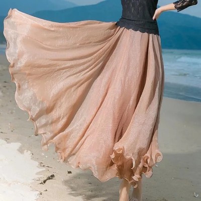 2025 New Fashion Women Chiffon Long Skirts High Waist Floor Length Ruffles White