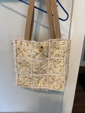 Beige Quilted Floral Medium Tote, Lined, Fringe Trim, Button Closure