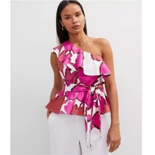 NWOT Ann Taylor Vibrant Floral One-Shoulder Tie Waist Poplin Blouse Large