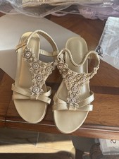 Women  s Gold Strappy Slip-On Sandals with Beaded Rhinestone Accents
