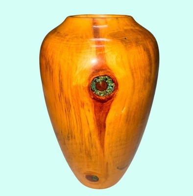 Handcrafted Wood Vase Aspen turquoise Inlay Decorative Accent 7'' Ron Overholtz
