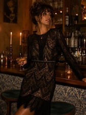 ASTR The Label Chelsi Dress Black Nude Lace Long Sleeve Cocktail Dress S