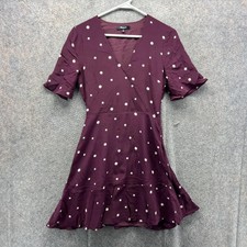 Madewell Dress Womens 00 Burgundy Silk Wrap Ruffle Hem Star Print Fit Flare