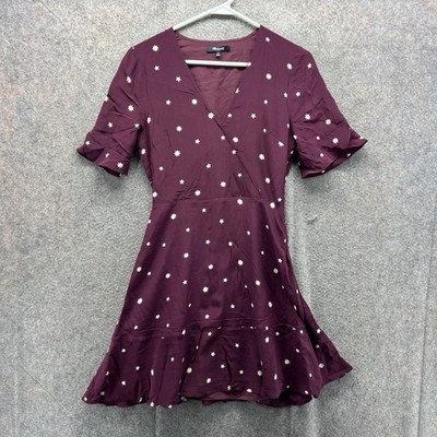 Madewell Dress Womens 00 Burgundy Silk Wrap Ruffle Hem Star Print Fit Flare