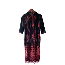 Vintage embroidery feathers Black Velvet Embroidered Dress Mandarin Collar small