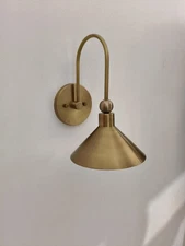 Brass Wall Sconce with Arched Arm and Ball Finial – Handcrafted Cone Shade Light
