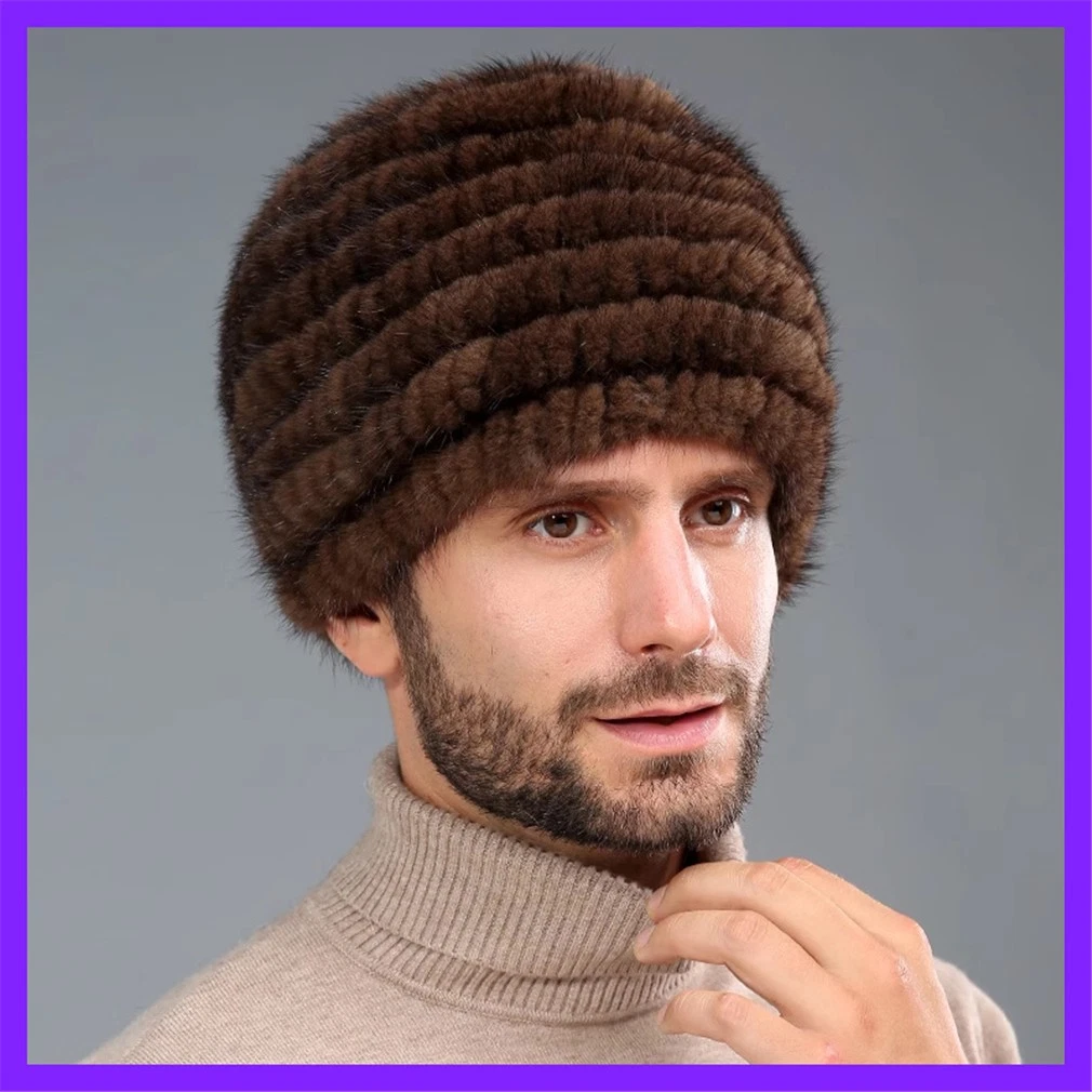 100% Real Mink Fur Hat Thicken Winter Warm Knitted Wooling Cap Casual for Men