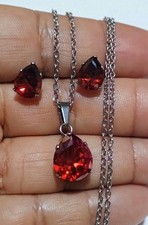 Stainless Steel Jewelry Set   Red Crystal Pendant Necklace  Matching Earrings