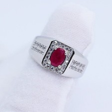 14k White Gold 2.00CT Oval Natural Ruby & Diamond Halo Ring For Men's Wedding
