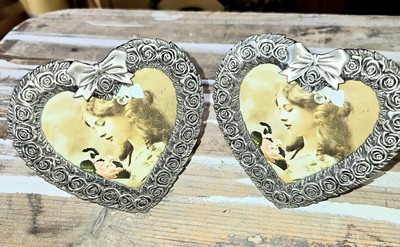 (2) Vintage Avon 2001 Pewter Heart and Roses Frames Victorian Unused! 4'' X 4.5'' 