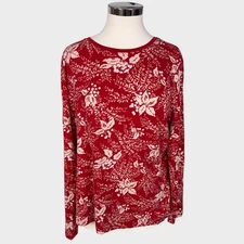 Lands' End Relaxed Fit Large 14-16 Long Sleeve Red White Poinsettia Shirt