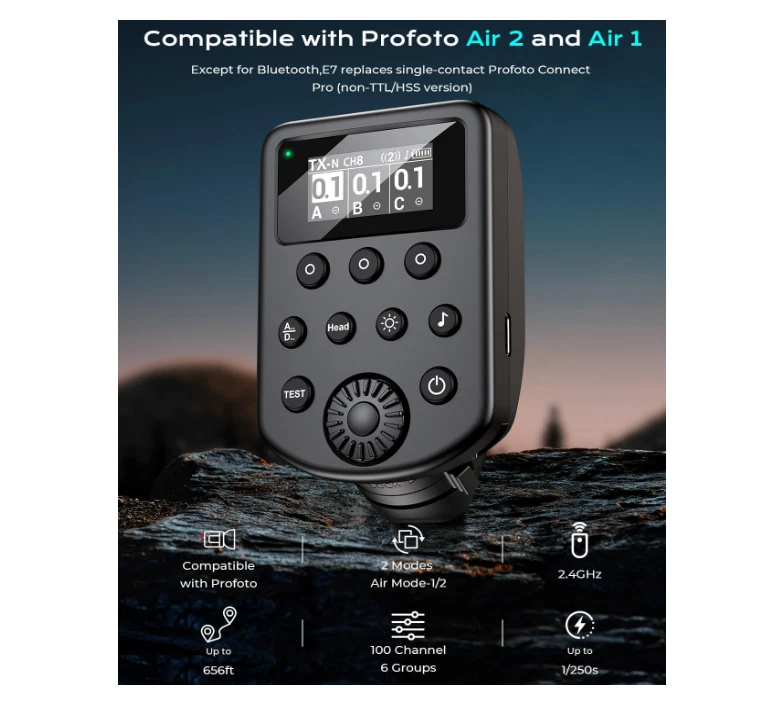 AODELAN E7 Wireless Flash Trigger for Profoto Air1 Air2, 650FT Range, 100CH 6GR - Image 2 of 4