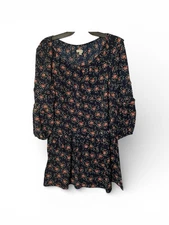 Max Studio Tiered Ruffle Mini Dress Women Med Navy Floral Ballon Sleeve Boho