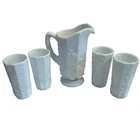 Vintage Westmoreland Footed Milk Glass 9" Pitcher & 4 Cups Set Grape Vine