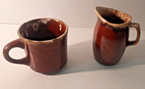 Vintage 4" Hull Pottery USA Brown Drip Glaze Ceramic Pitcher or Creamer & Mug
