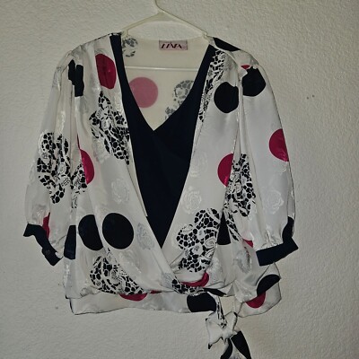 VINTAGE Creations Linea Paris Women Polka Dot Floral Jacquard Tie-Hem Blouse