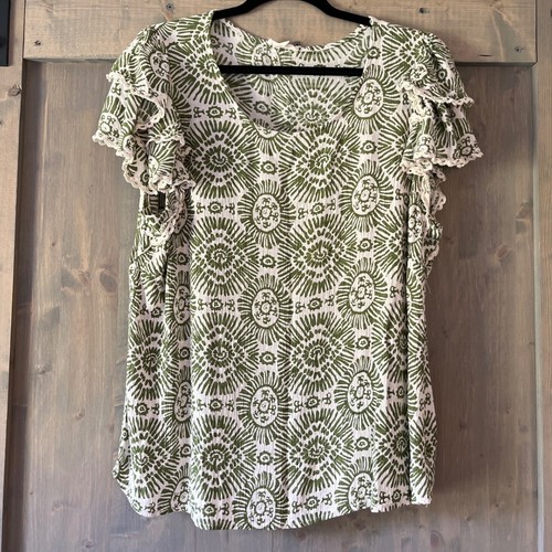 Camicetta alta hippie donna 1x verde boho stampa medaglione contadina svolazzante