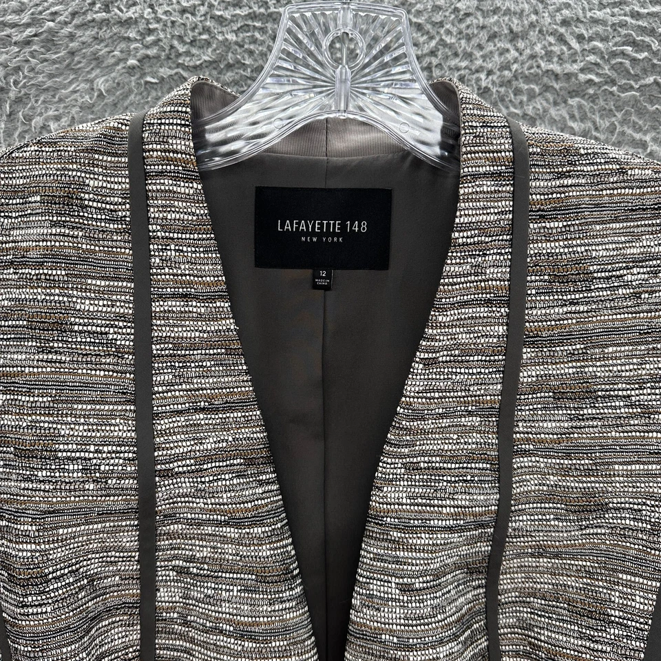 Chaqueta Blazer Lafayette 148 Mujer 12 Marrón Rayas Metálico Tweed Carrera Cuello en V Foto 2 de 4