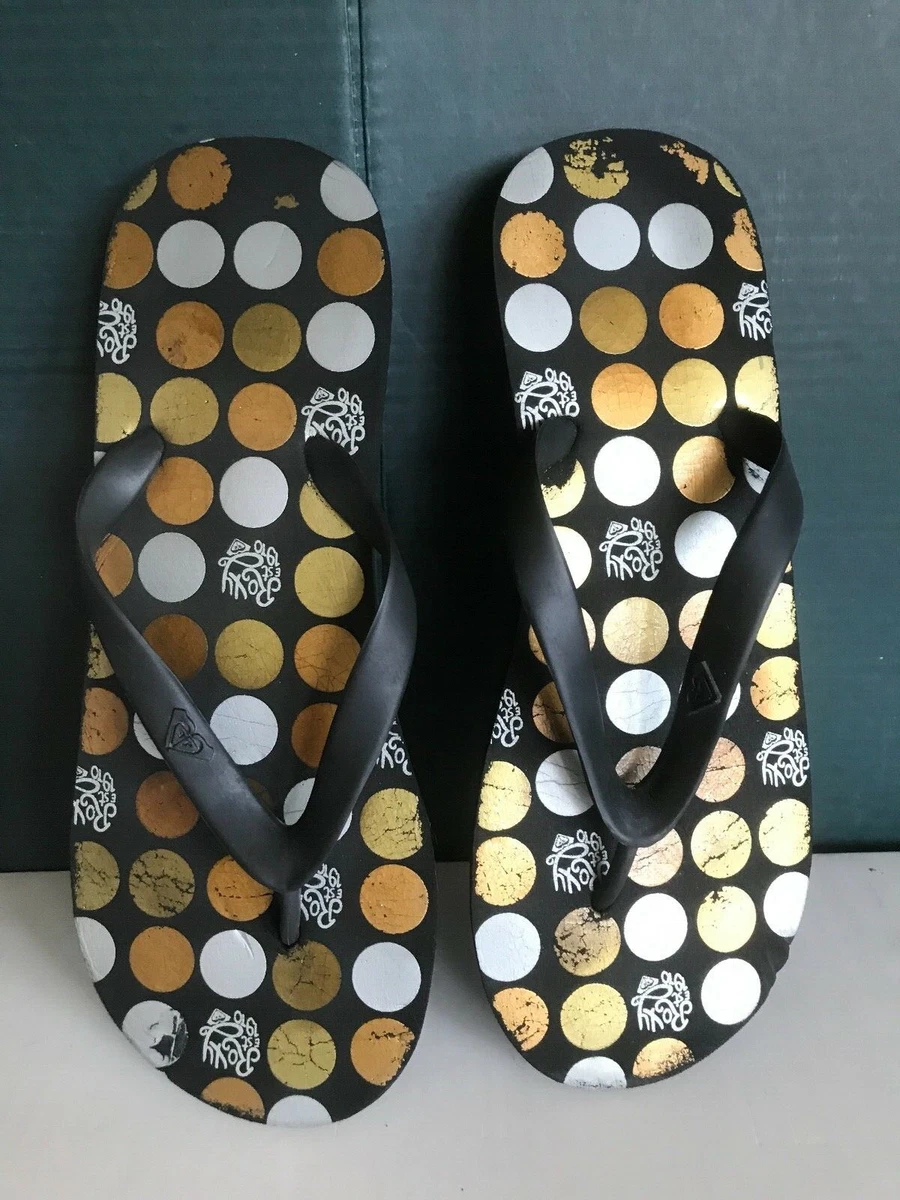 Roxy Women's Black Flip Flops Size 9 10 Gold Coin Sandals DOTS Slides Beach  Pool