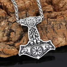 Men's Stainless Steel Viking Raven Wolf Thor Hammer Mjolnir Pendant Necklace