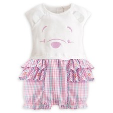 DISNEY STORE POOH KNIT BABY ROMPER NWT POOH FACE 3-D EARS RUFFLES  REALLY CUTE 