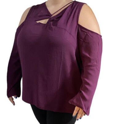 Bold Elements Cut to Curve Women Purple Paragon Cold Shoulder Blouse Plus 2X NEW