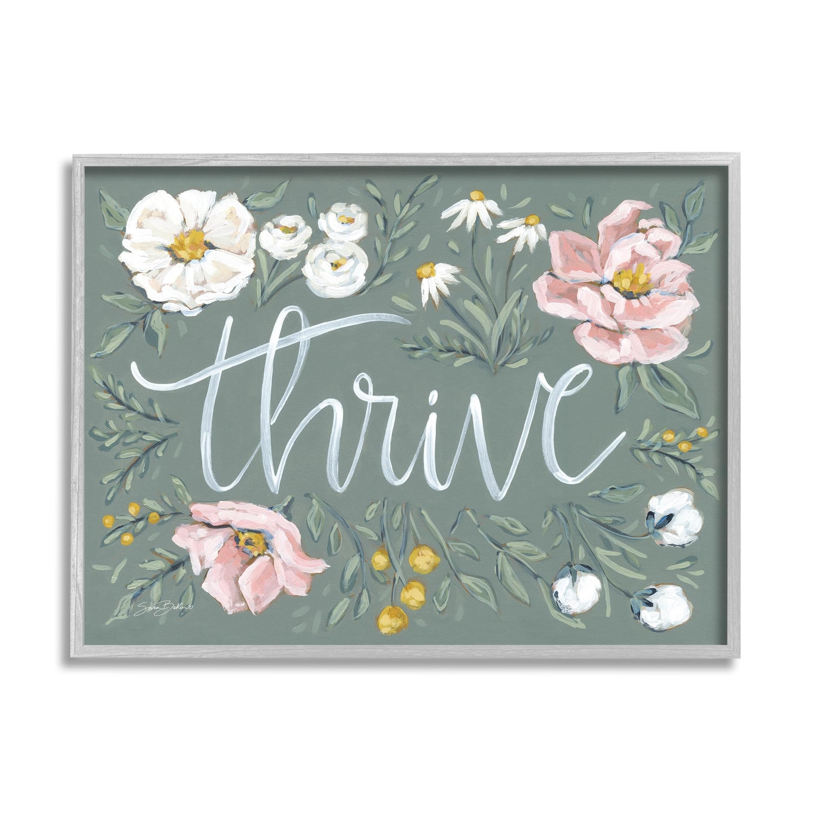Thrive Floral Border Gray Framed Giclee Art Design by Sara Baker