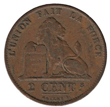 1870 Belgium 2 Centimes – Leopold II – Copper