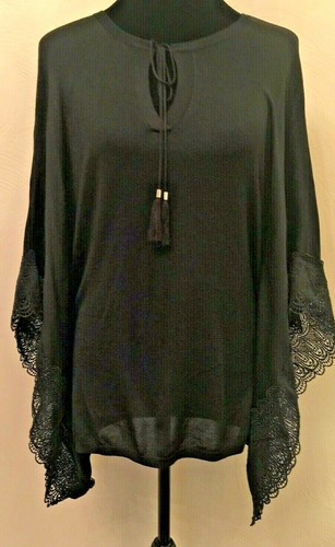 White House Black Market Womens Cape Sweater Size XS Black Batwing Lace Trim