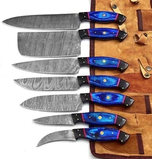 Custom made damascus steel kitchen/chef's knife set with leather roll bag ZE-63