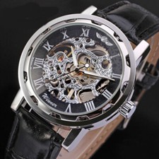 Classic Men's Skeleton Leather Strap Waterproof Mechanical Manual Winding Watch