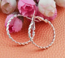 Pretty New Silver Plated Flattened Textured Rope Design 1" Round Hoop Earrings
