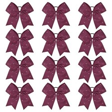 12 PCS Burgundy Glitter Cheer Bows Large 8 Full Rhinestones Shiny Ch...