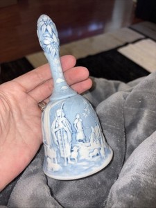Fenton Hand Painted Christmas Nativity Scene Bell Blue White Signed K Boley