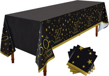 50Th Birthday Disposable Tablecloth 4 Pack Gold and Black Waterproof Plastic Tab