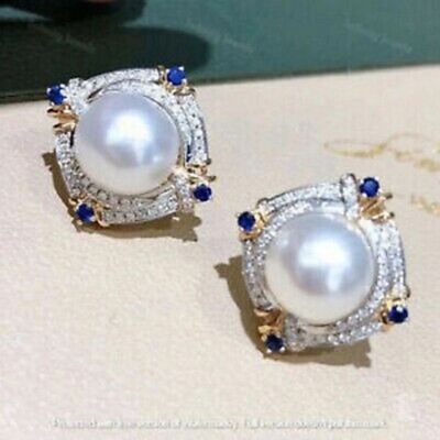 3.00Ct Round Cut Natural Pearl Halo Omega Back Earrings 14K Yellow Gold Plated