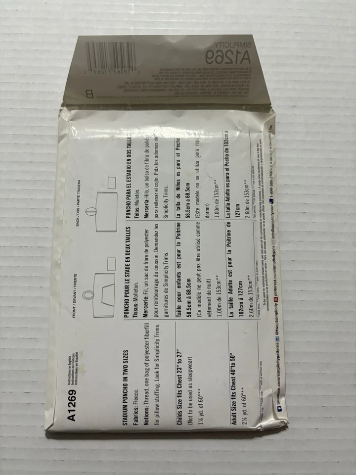 Simplicity Its So Easy Sewing Pattern A1269 Stadiums Ponchos In 2 Sizes - Image 2 of 3