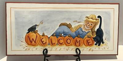 Welcome Sign Wall Hang Pumpkin Cat Scarecrow Handmade 19x9 Wood Hand Painted