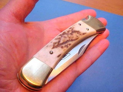 CUSTOM BUCK 110 KNIFE 120th ANNIVERSARY FAT ELK STAG HANDLE TIN COIN SHEATH