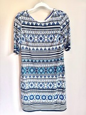 Eliza J Blue Printed Sheath Dress 3/4 Sleeve Lined Stretch Geometric 6