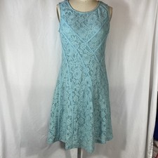 Floral Lace Summer Dress Lined Lite Turquoise  Cottage Core  A Line Fit Flare LG