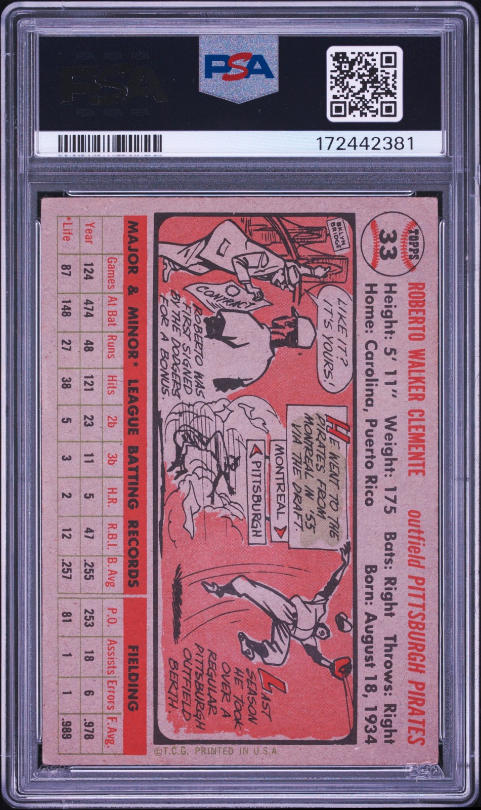 1956 TOPPS GRAY BACK #33 ROBERTO CLEMENTE PSA 4 view 2