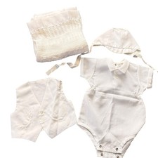 Vintage Baby Boy Baptism Christening 4 Pc Set Romper Vest Bonnet Blanket 3-6M