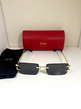 Cartier Men’s Rimless Rectangle Sunglasses Gold Metal Frame Gray Tinted Lens