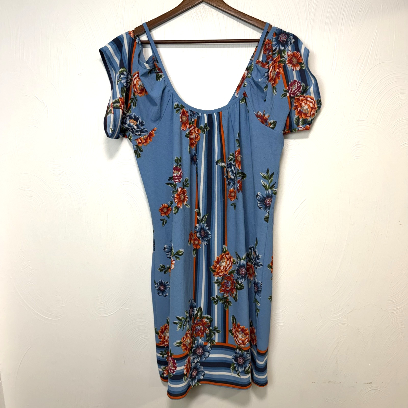 Venus Women's Blue Orange Floral Cold Shoulder Knee Length Dress Size Medium