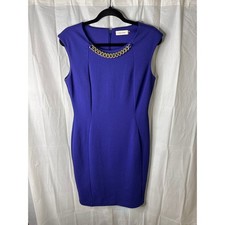 Calvin Klein Royal Blue Sheath Dress Gold Chain Neck Sleeveless Business