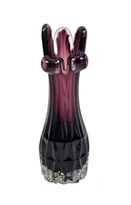 Vintage Amethyst Glass Stretch Swung Vase 2 Folded Fingers Diamond Pt Base 7.5"H