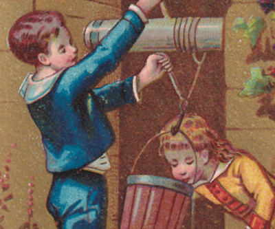  SCHOTT'S VEGATABLE LIVER PILLS TRADE CARD, 25c A BOX, WATER WELL & 2 KIDS  K202