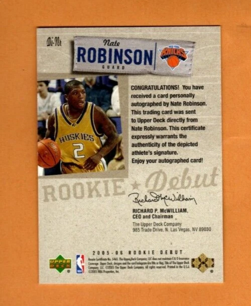 Upper Deck 新秀首发墨水 Nate Robinson - 尼克斯亲笔签名,近乎完好! — 第 2/2 张图片