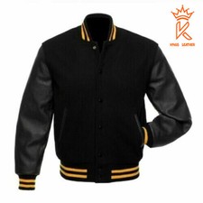Black Varsity Letterman Baseball Jacket With Wool And Genuine Leather Sleeves